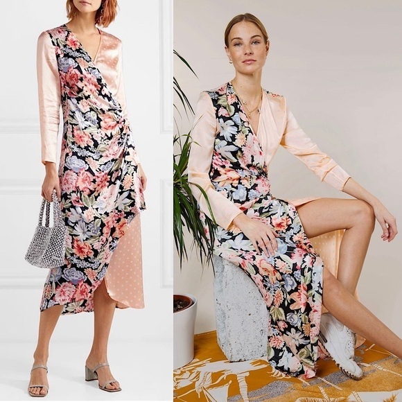 RIXO Dresses & Skirts - RIXO Satin Floral‎ Dot Colorblock Long Sleeve V-Neck Ruched Wrap Midi Dress XS